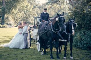 Bruidspaar Jacky en Jordy in paardenkoets bij Wantij Paviljoen Dortrecht, trouwreportage met paarden en koetsier - Trouwshoot